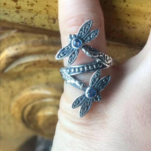 Natural Blue Sapphire Sterling Silver Dragonfly Ring Size 5 - Picture 1 of 7